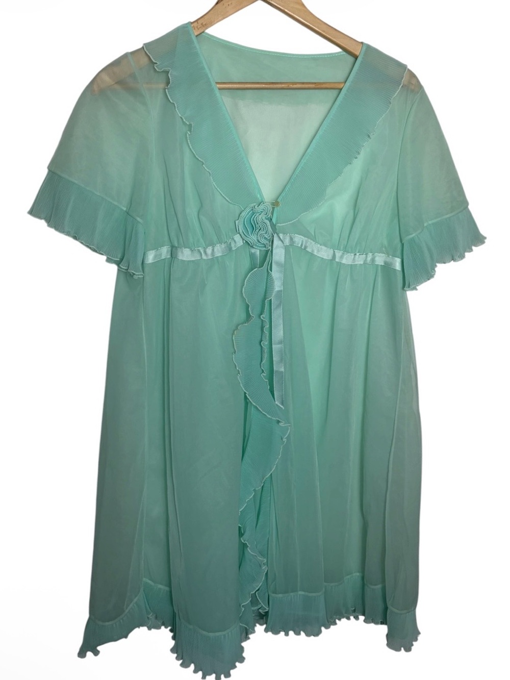 Vintage Eveta 60s/70s Nylon seafoam ruffled ethereal babydoll robe size S